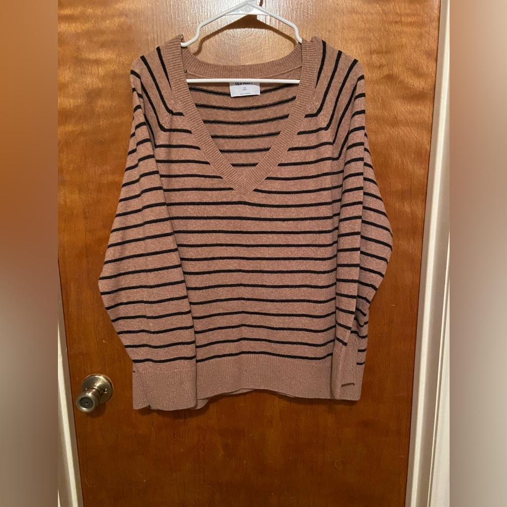 Plus Size Old Navy V-neck Heather Brown and Black Striped Sweater